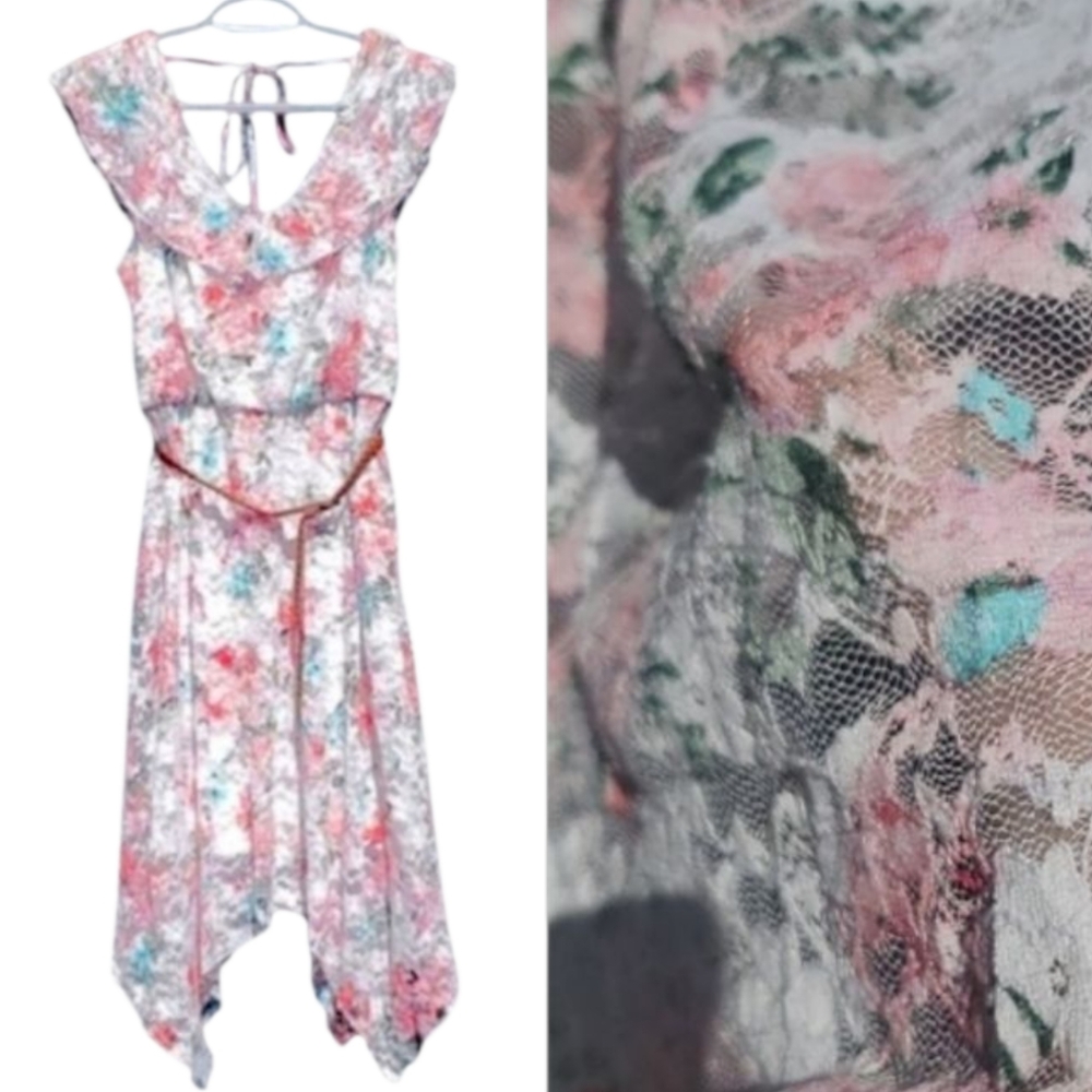 No Boundaries Floral Lace Sundress Sharkbite Hemline Elastic Waist Dress 11-13